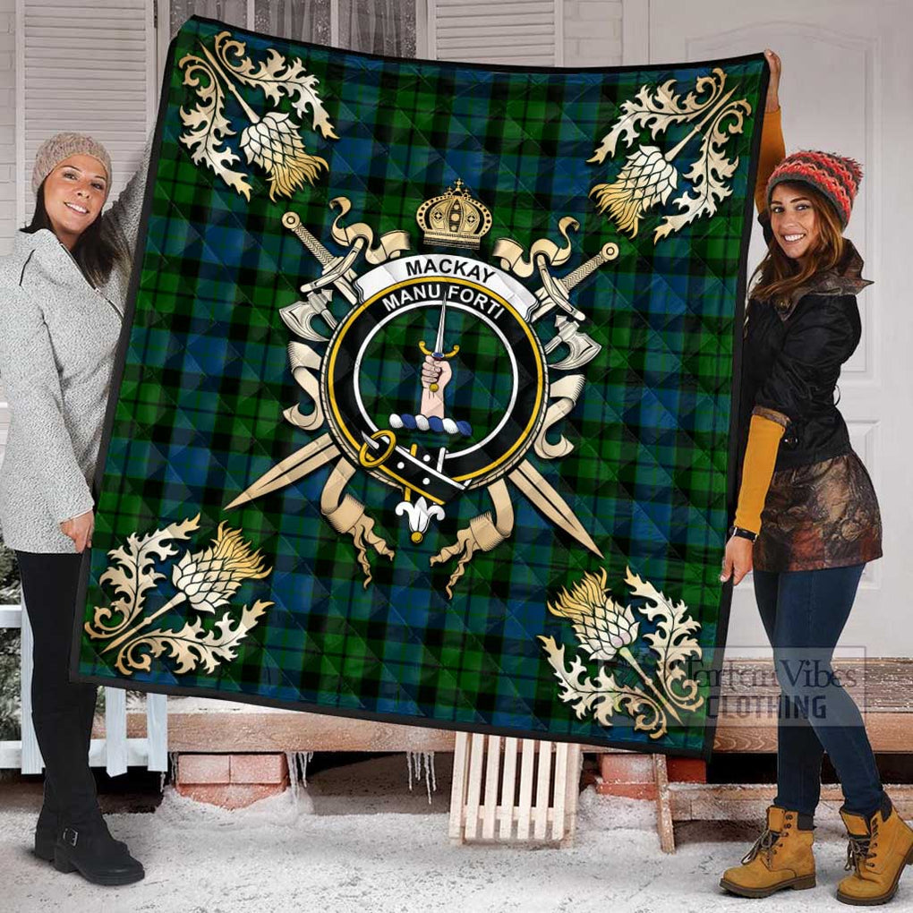 Tartan Vibes Clothing MacKay (McKay) Tartan Quilt with Family Crest and Scottish Golden Courage Shield