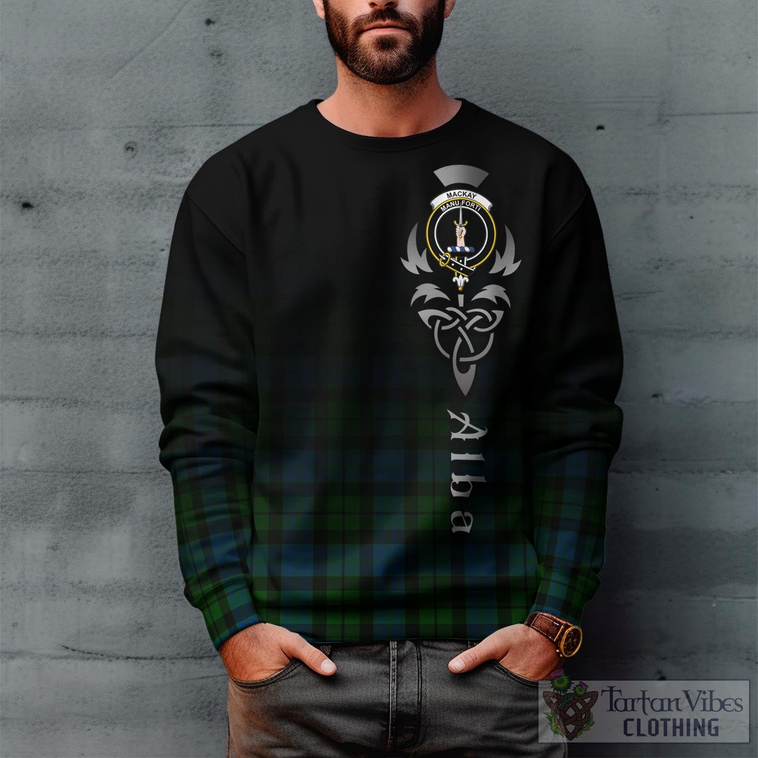 Tartan Vibes Clothing MacKay Modern Tartan Sweatshirt Featuring Alba Gu Brath Family Crest Celtic Inspired