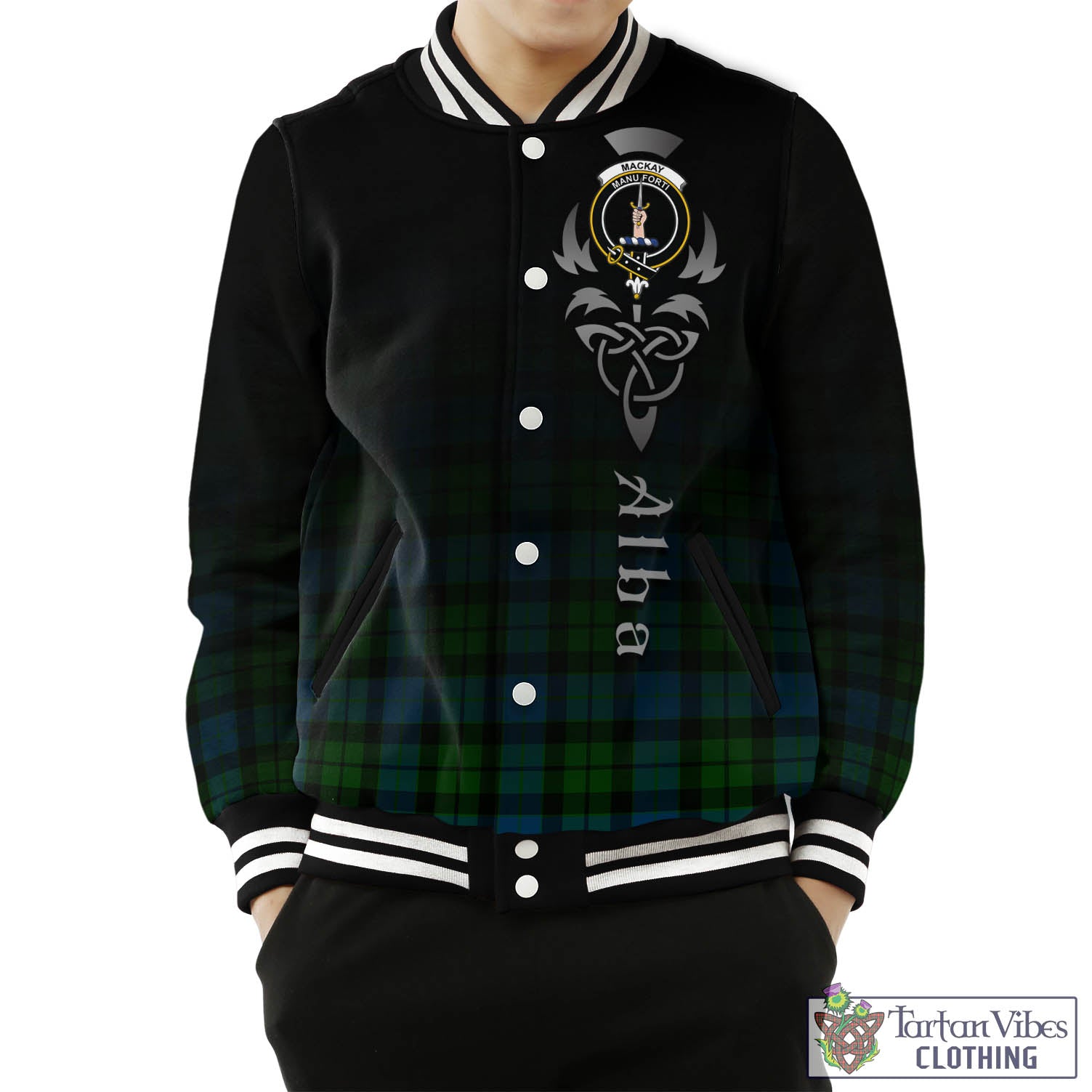 Tartan Vibes Clothing MacKay Modern Tartan Baseball Jacket Featuring Alba Gu Brath Family Crest Celtic Inspired