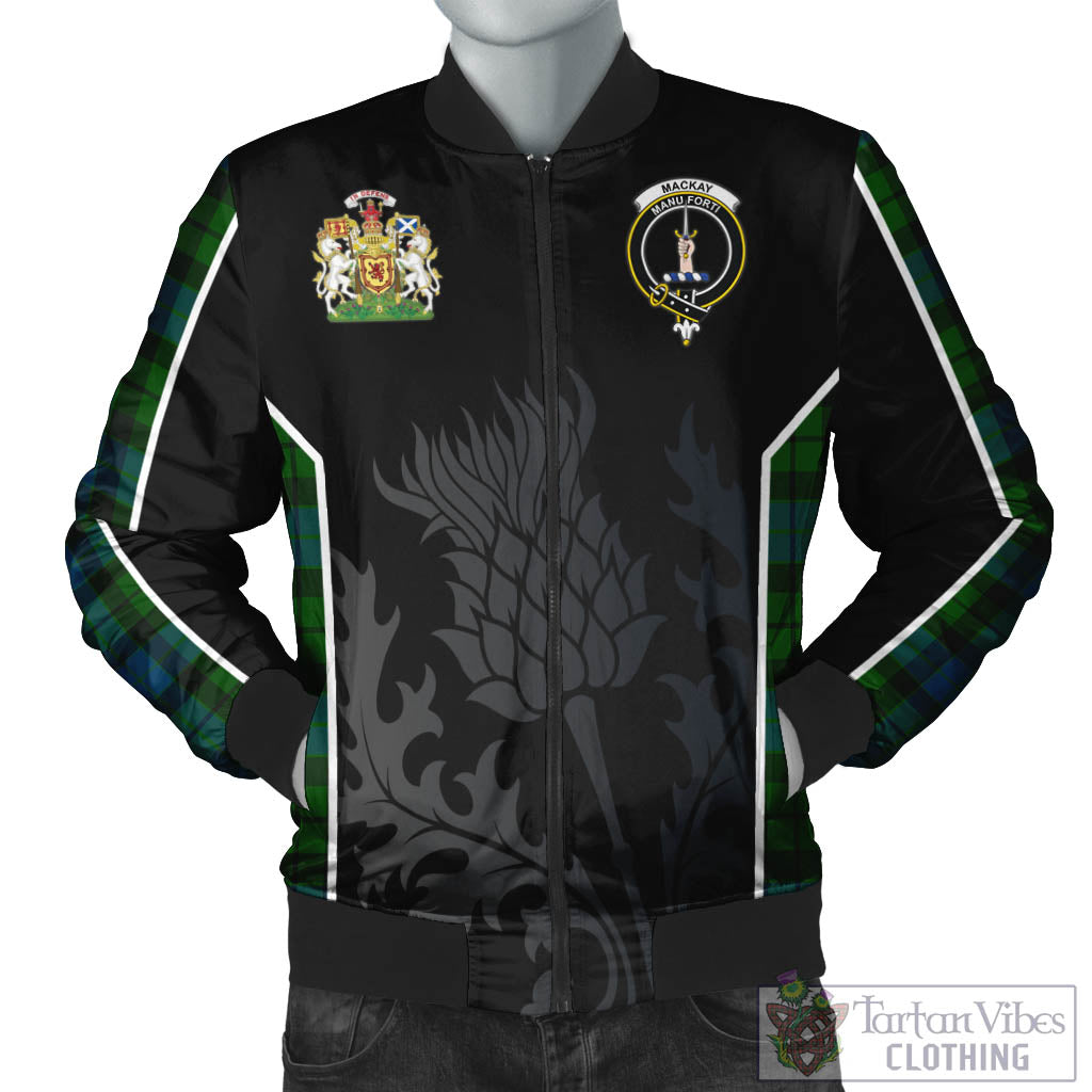 Tartan Vibes Clothing MacKay Modern Tartan Bomber Jacket with Family Crest and Scottish Thistle Vibes Sport Style