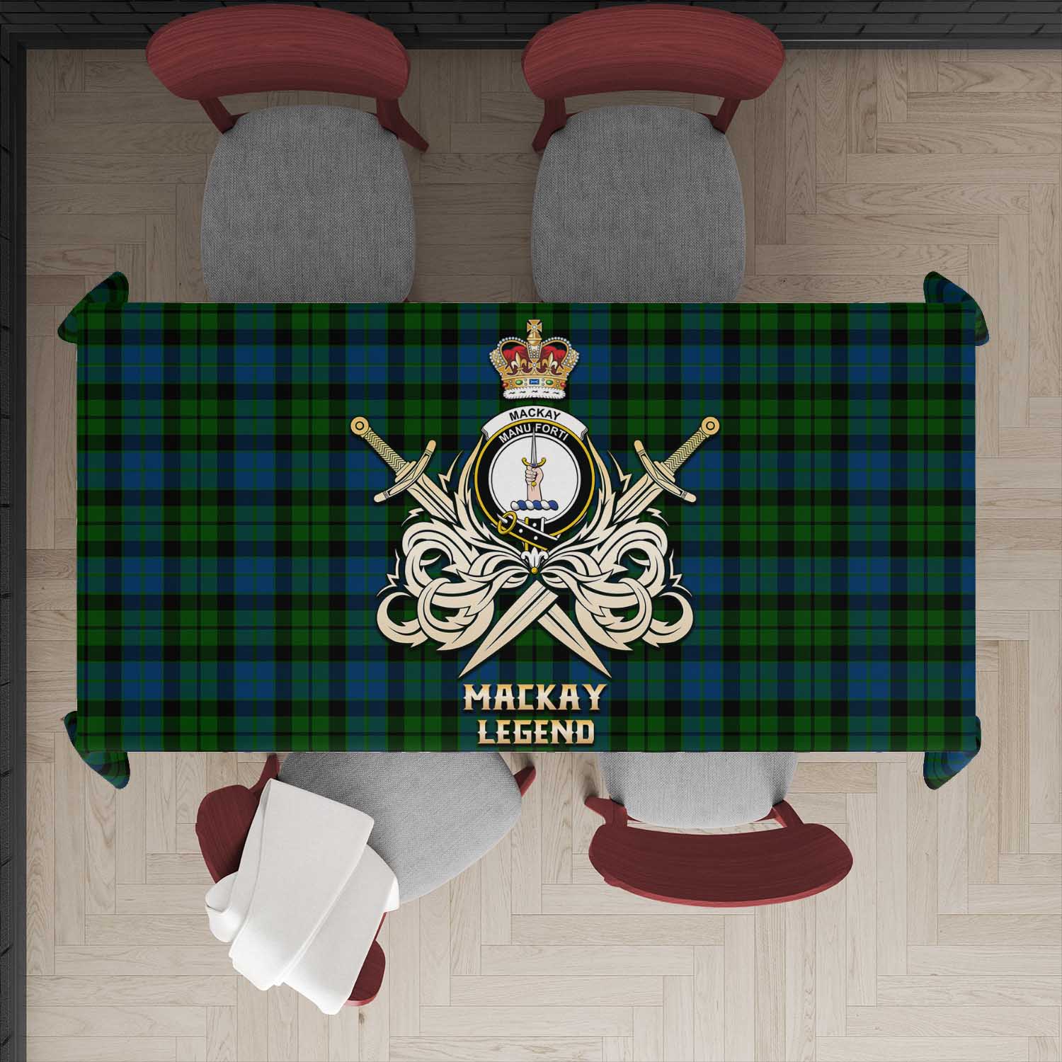 Tartan Vibes Clothing MacKay Modern Tartan Tablecloth with Clan Crest and the Golden Sword of Courageous Legacy