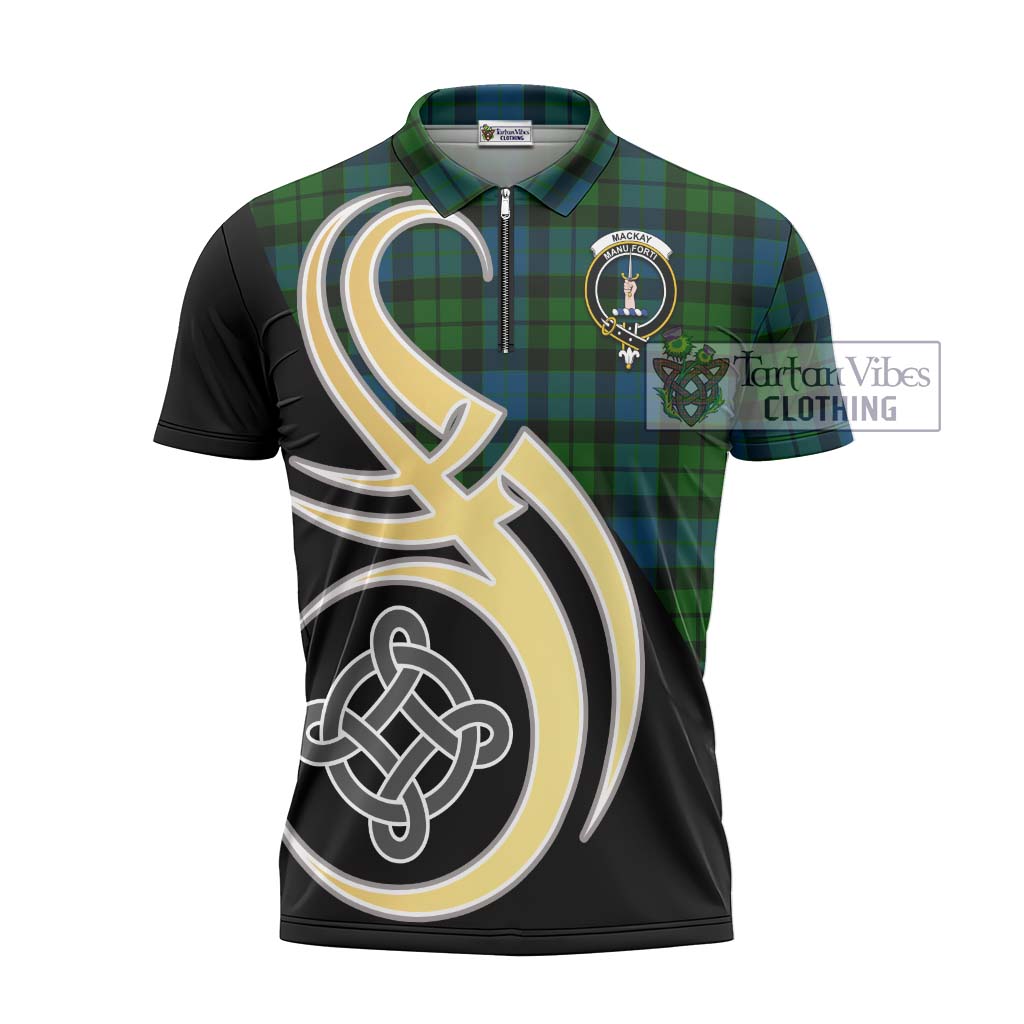 Tartan Vibes Clothing MacKay Modern Tartan Zipper Polo Shirt with Family Crest and Celtic Symbol Style