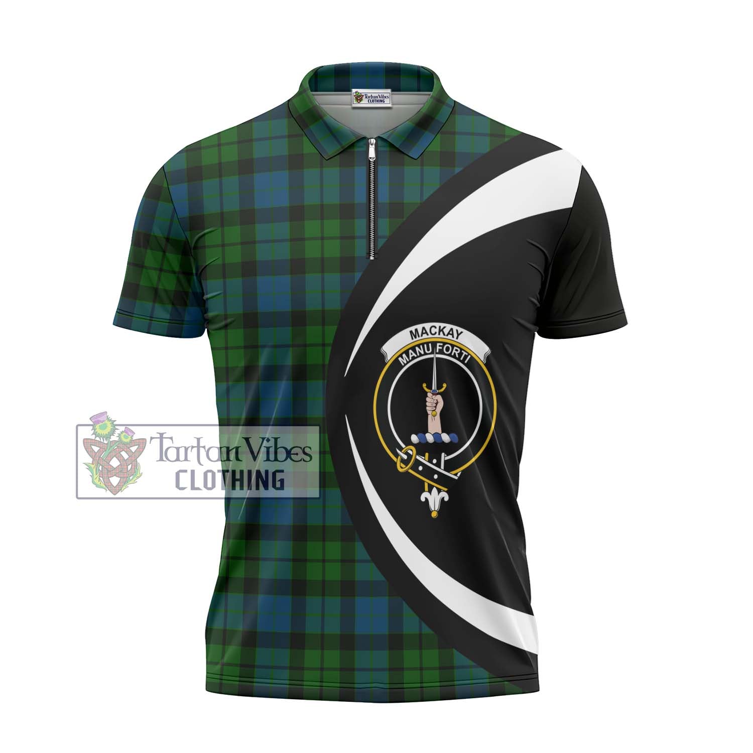 Tartan Vibes Clothing MacKay Modern Tartan Zipper Polo Shirt with Family Crest Circle Style