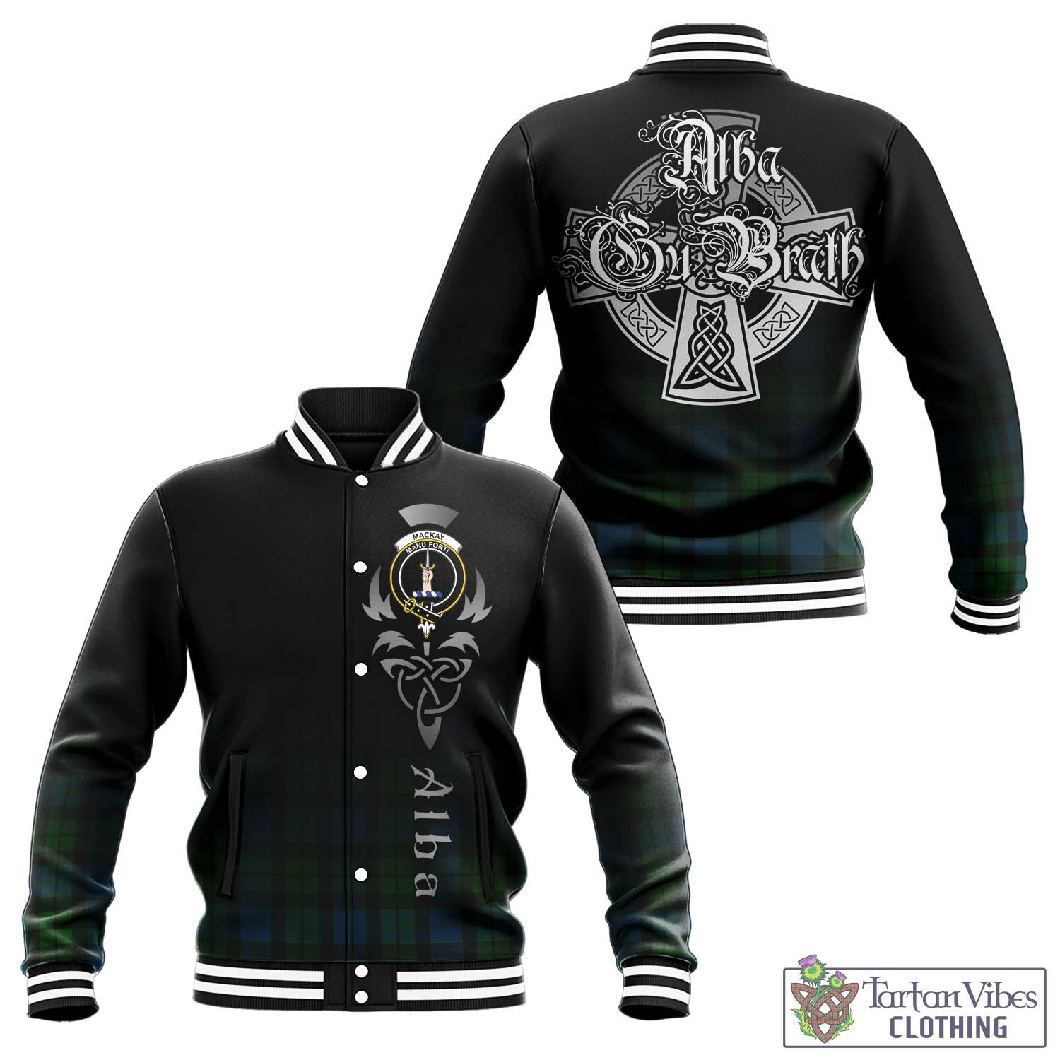 Tartan Vibes Clothing MacKay Modern Tartan Baseball Jacket Featuring Alba Gu Brath Family Crest Celtic Inspired