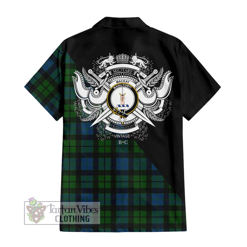 MacKay (McKay) Tartan Short Sleeve Button Shirt with Family Crest and Military Logo Style - Tartanvibesclothing Shop