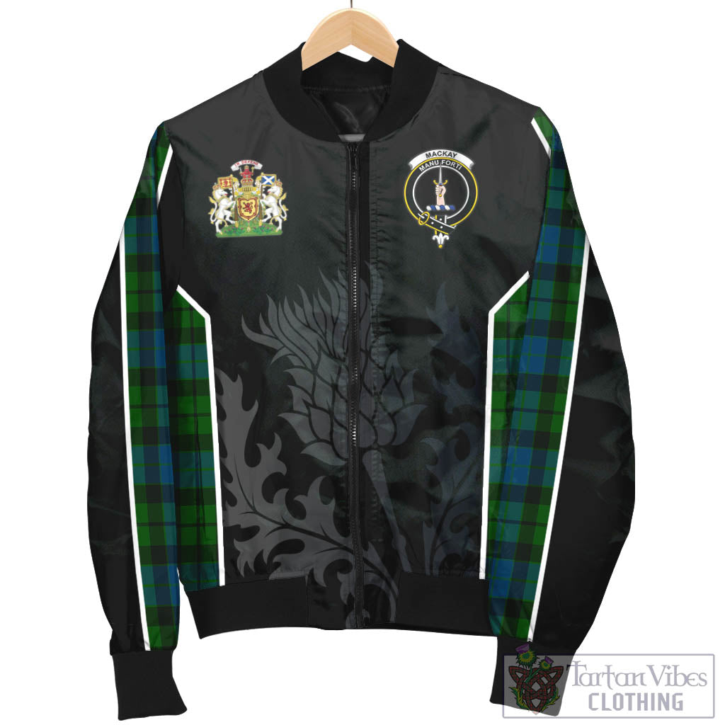 Tartan Vibes Clothing MacKay Modern Tartan Bomber Jacket with Family Crest and Scottish Thistle Vibes Sport Style