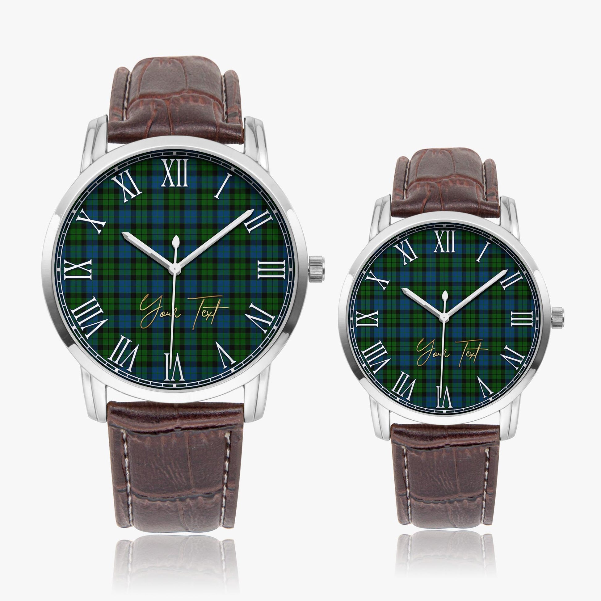 MacKay Modern Tartan Personalized Your Text Leather Trap Quartz Watch Wide Type Silver Case With Brown Leather Strap - Tartanvibesclothing