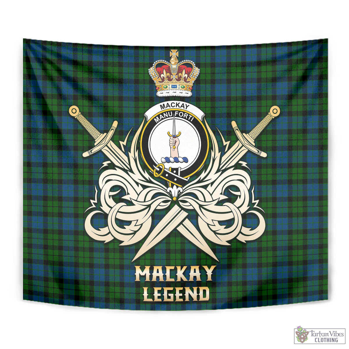 Tartan Vibes Clothing MacKay Modern Tartan Tapestry with Clan Crest and the Golden Sword of Courageous Legacy