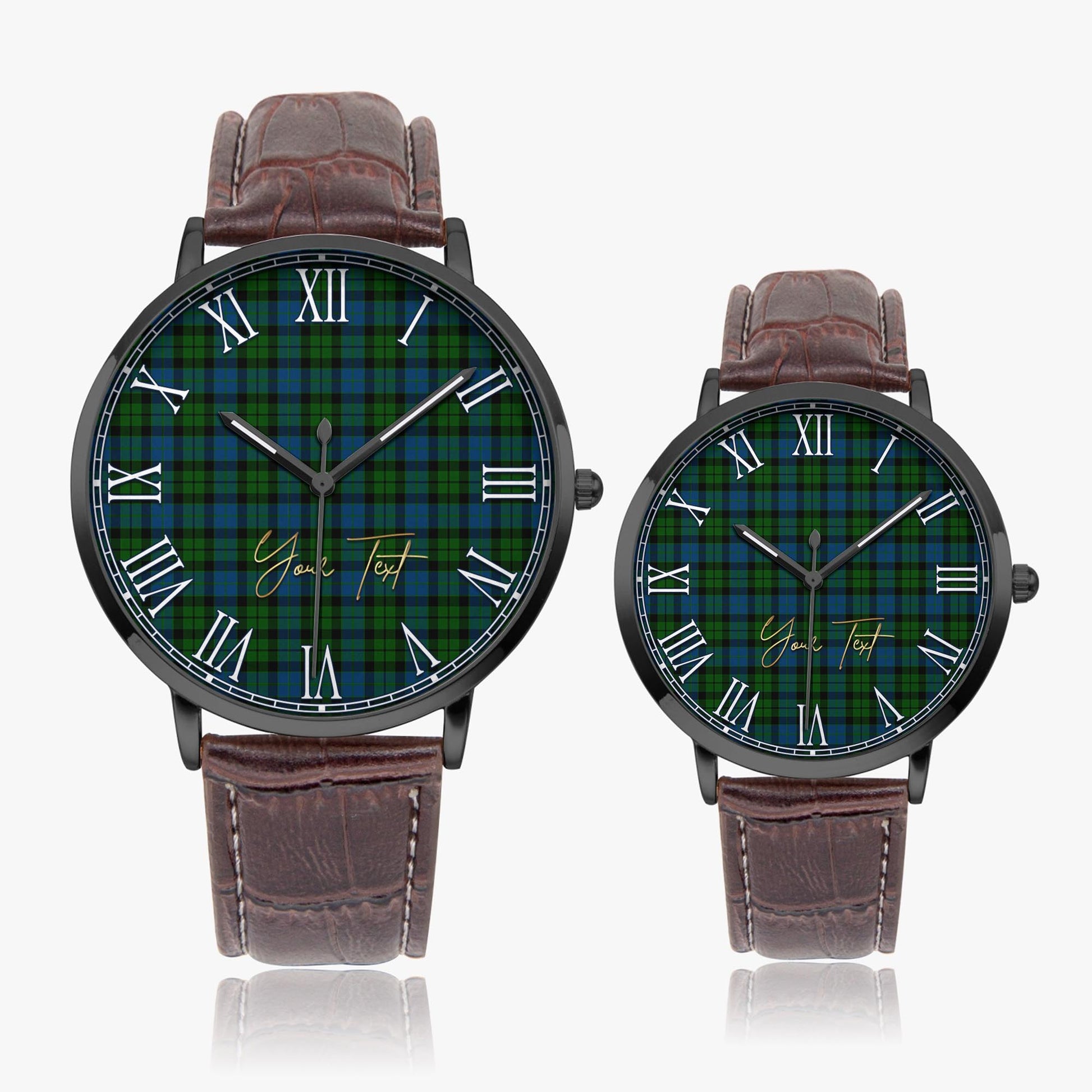 MacKay Modern Tartan Personalized Your Text Leather Trap Quartz Watch Ultra Thin Black Case With Brown Leather Strap - Tartanvibesclothing