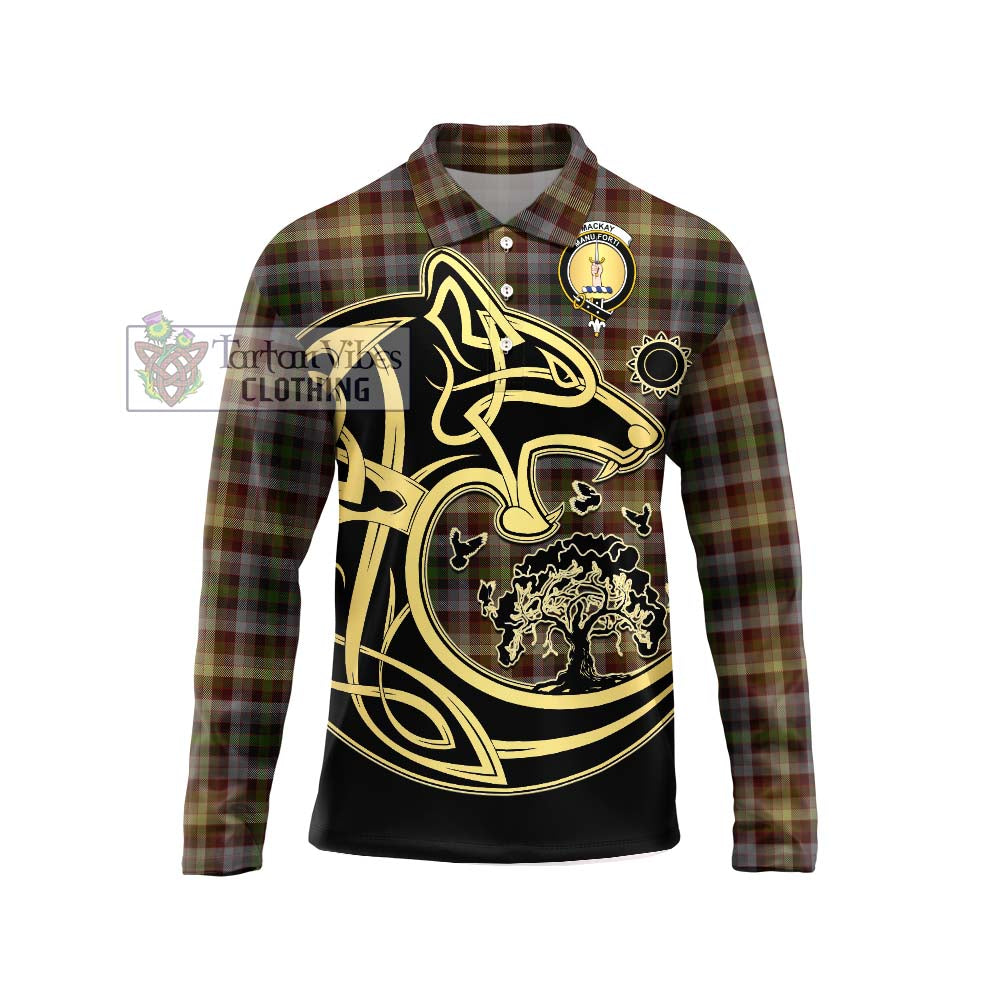 MacKay of Strathnaver Tartan Long Sleeve Polo Shirt with Family Crest Celtic Wolf Style Unisex - Tartanvibesclothing Shop