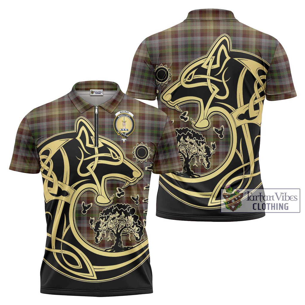 MacKay of Strathnaver Tartan Zipper Polo Shirt with Family Crest Celtic Wolf Style Unisex - Tartanvibesclothing Shop