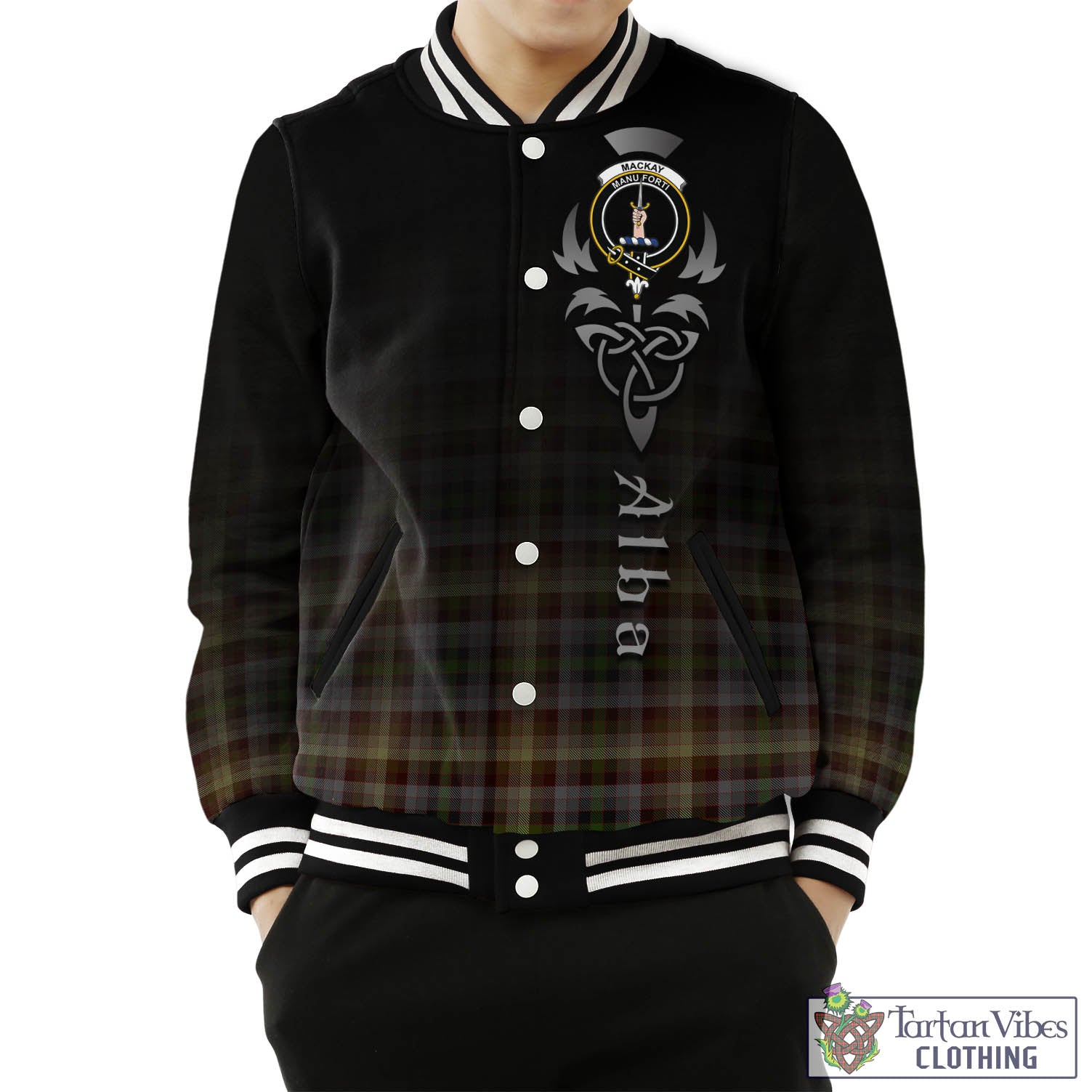 Tartan Vibes Clothing MacKay of Strathnaver Tartan Baseball Jacket Featuring Alba Gu Brath Family Crest Celtic Inspired