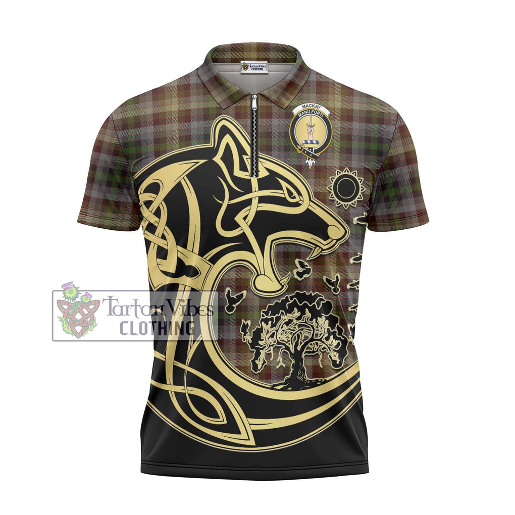 MacKay of Strathnaver Tartan Zipper Polo Shirt with Family Crest Celtic Wolf Style - Tartanvibesclothing Shop