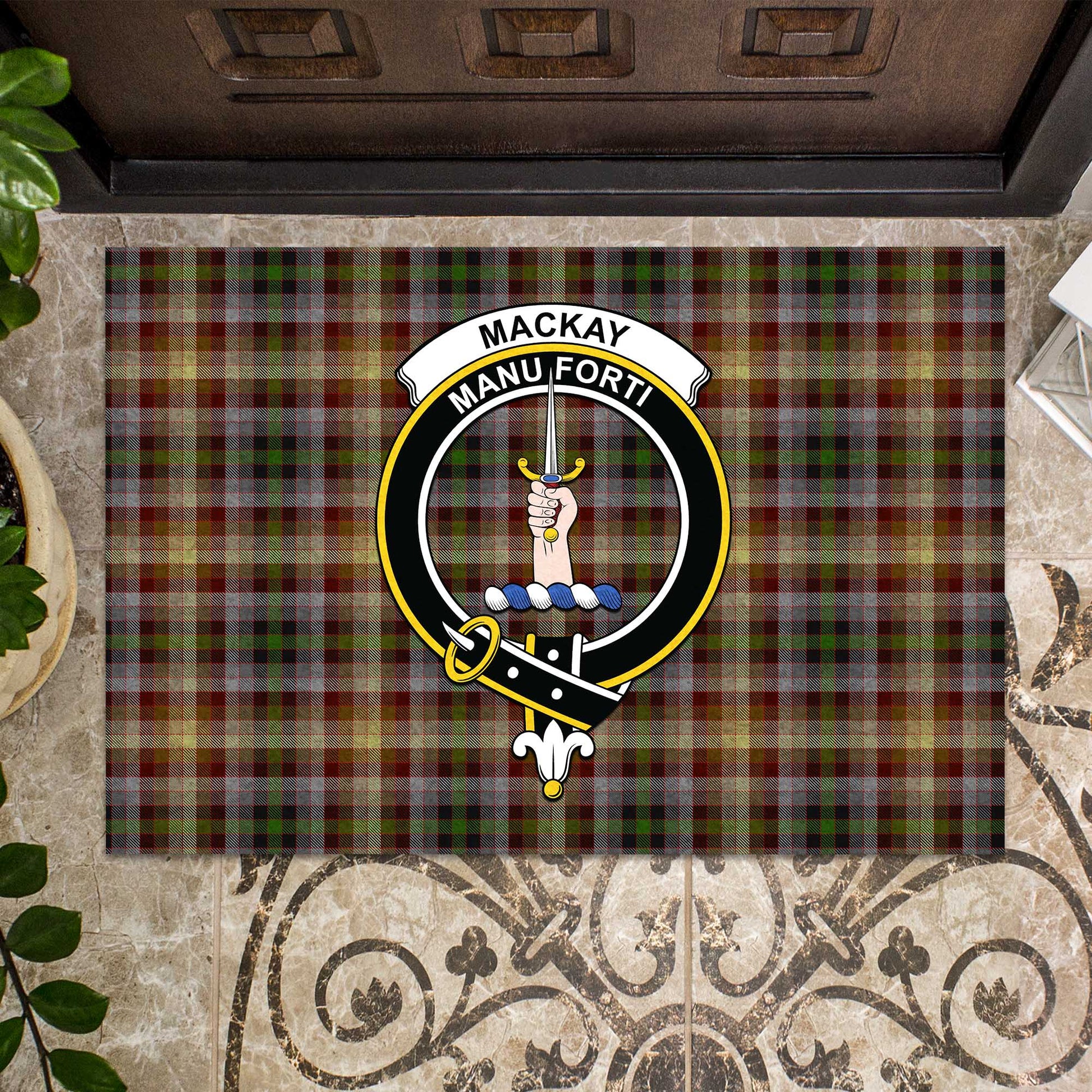 MacKay of Strathnaver Tartan Door Mat with Family Crest - Tartanvibesclothing