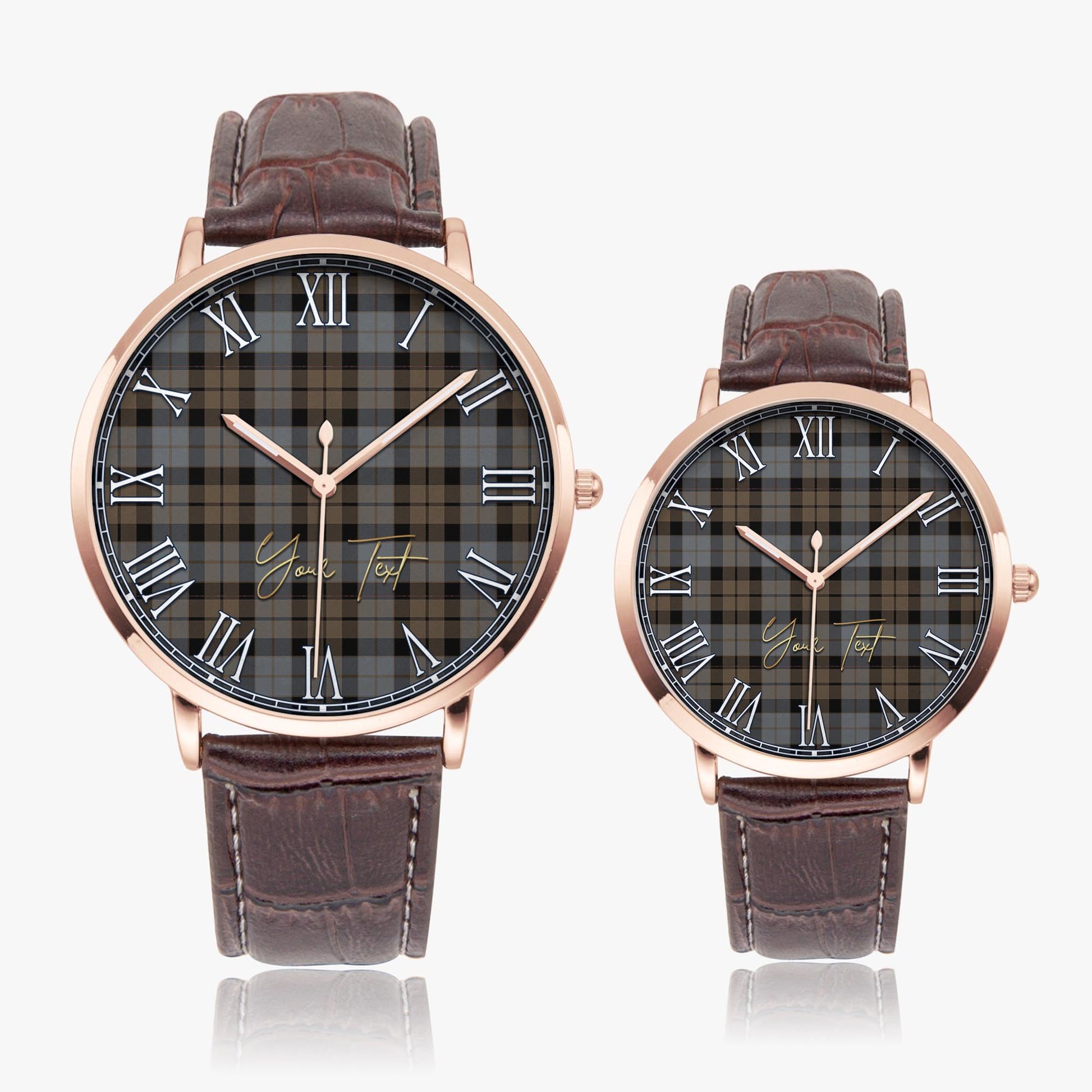 MacKay Weathered Tartan Personalized Your Text Leather Trap Quartz Watch Ultra Thin Rose Gold Case With Brown Leather Strap - Tartanvibesclothing