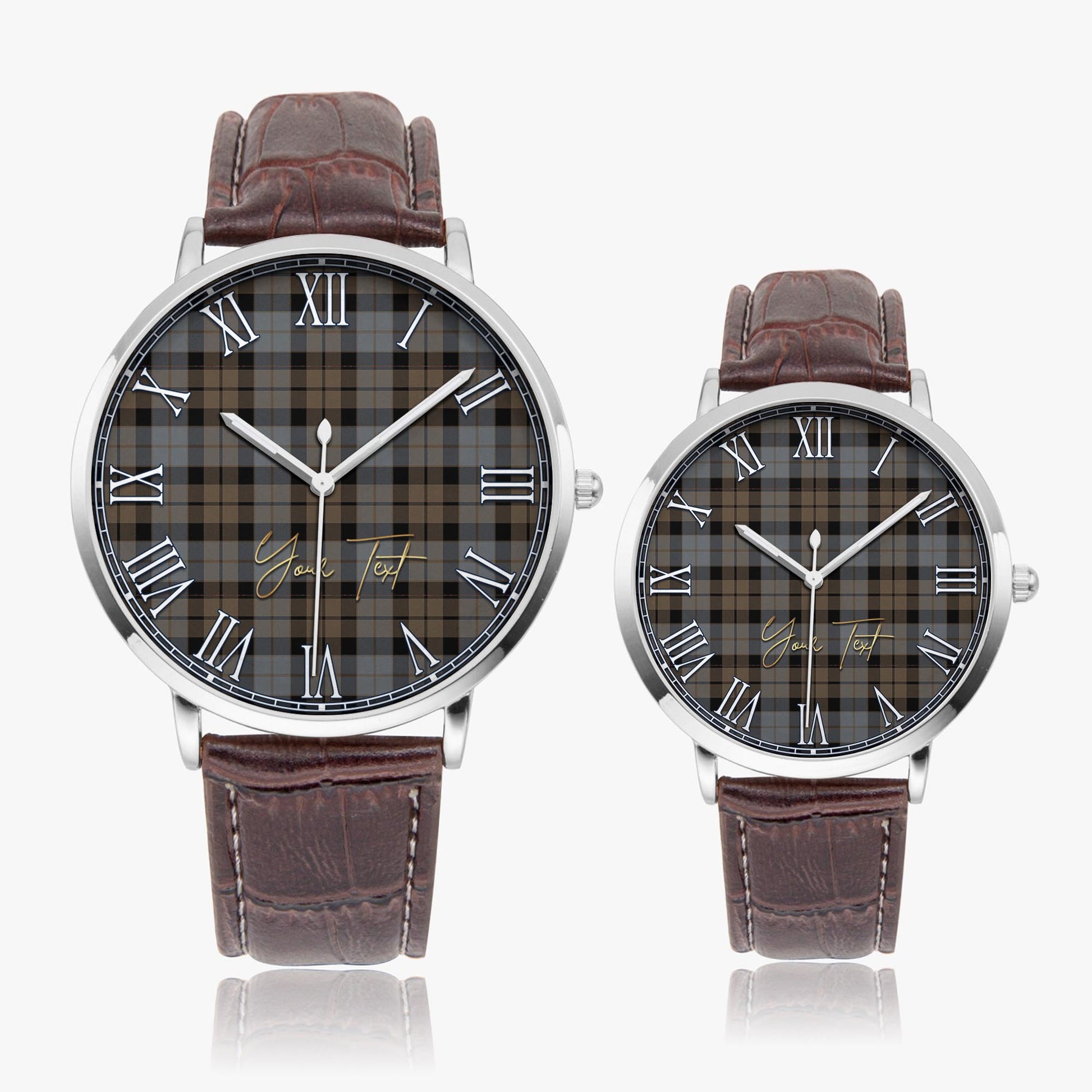 MacKay Weathered Tartan Personalized Your Text Leather Trap Quartz Watch Ultra Thin Silver Case With Brown Leather Strap - Tartanvibesclothing