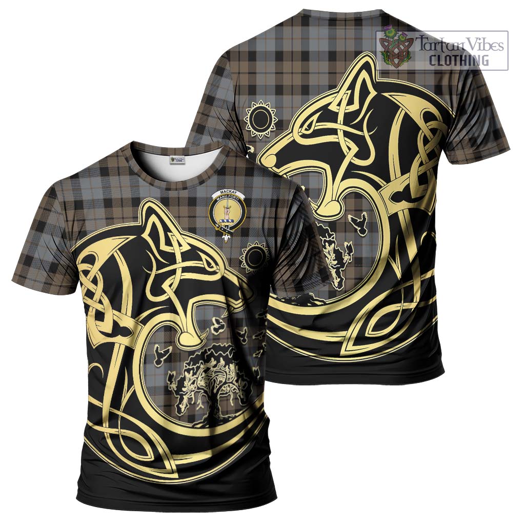Tartan Vibes Clothing MacKay Weathered Tartan T-Shirt with Family Crest Celtic Wolf Style