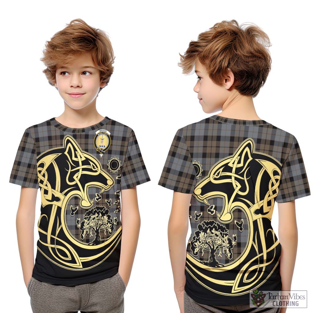 Tartan Vibes Clothing MacKay Weathered Tartan Kid T-Shirt with Family Crest Celtic Wolf Style