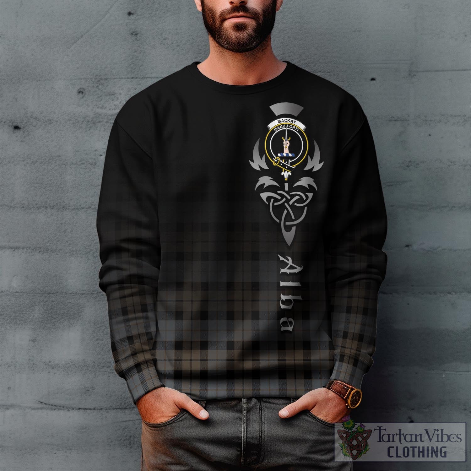 Tartan Vibes Clothing MacKay Weathered Tartan Sweatshirt Featuring Alba Gu Brath Family Crest Celtic Inspired