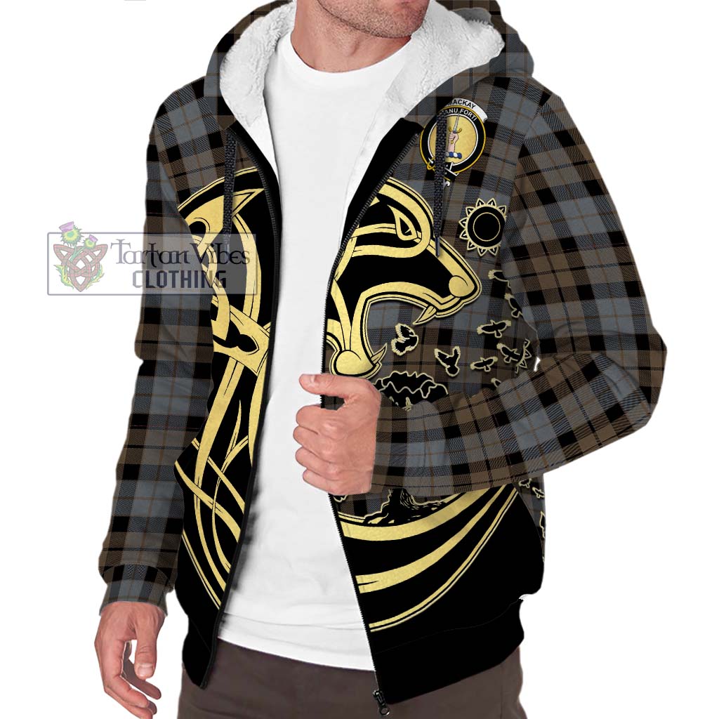 Tartan Vibes Clothing MacKay Weathered Tartan Sherpa Hoodie with Family Crest Celtic Wolf Style