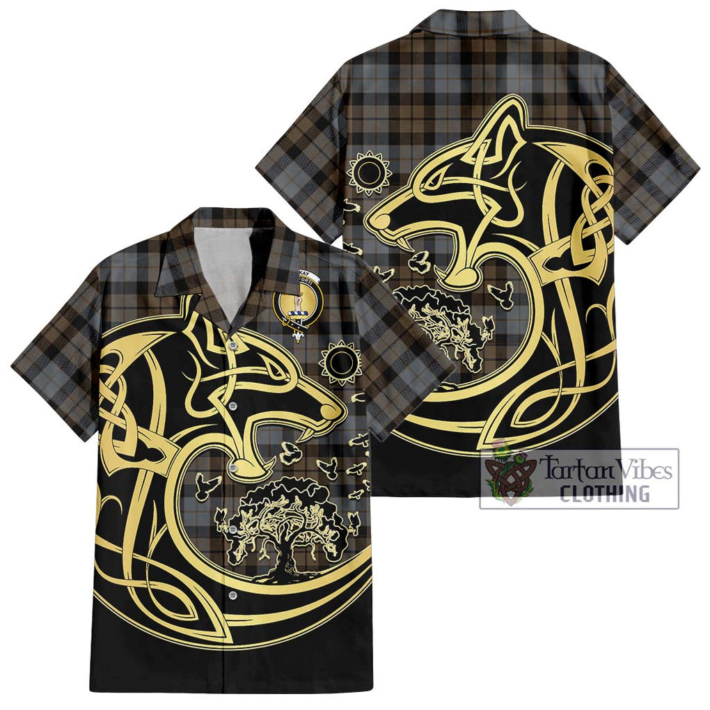 MacKay Weathered Tartan Short Sleeve Button Shirt with Family Crest Celtic Wolf Style Kid - Tartan Vibes Clothing