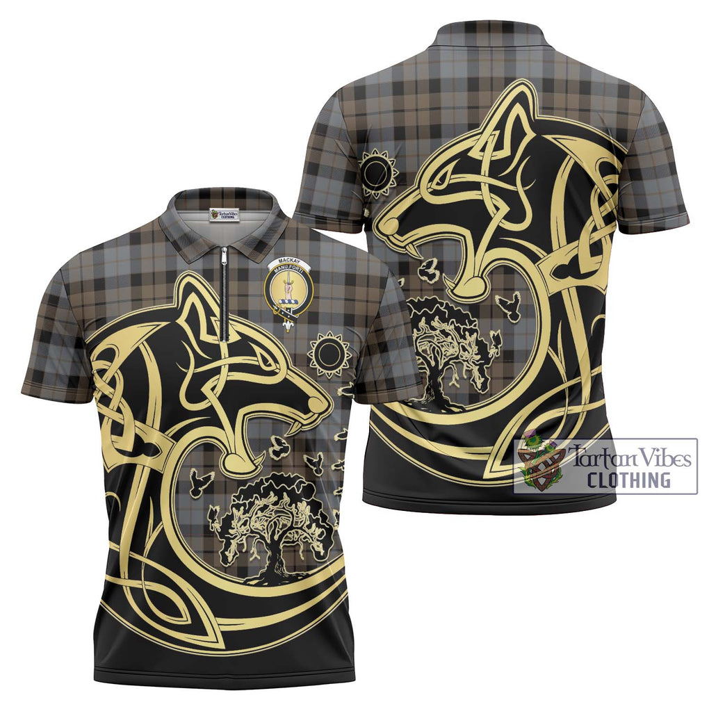 MacKay Weathered Tartan Zipper Polo Shirt with Family Crest Celtic Wolf Style Unisex - Tartanvibesclothing Shop