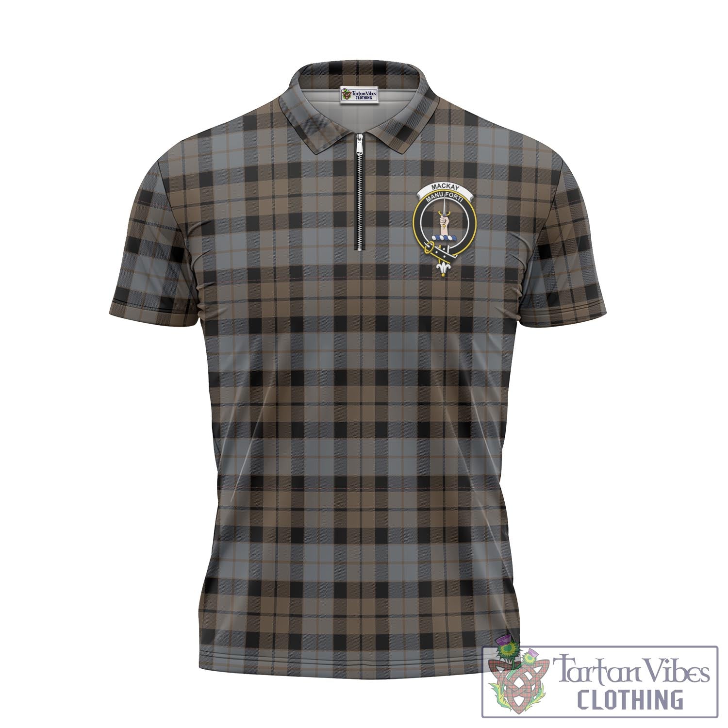 Tartan Vibes Clothing MacKay Weathered Tartan Zipper Polo Shirt with Family Crest