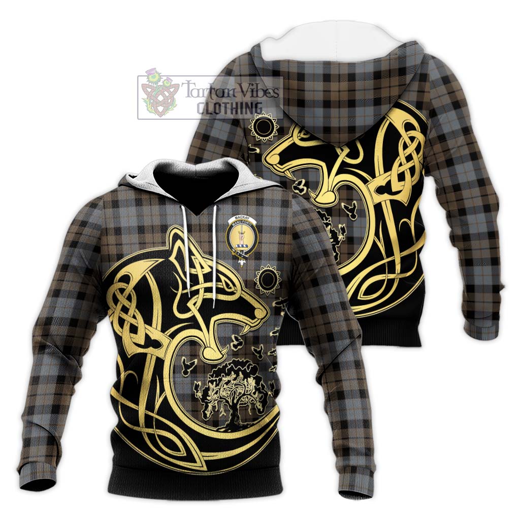 Tartan Vibes Clothing MacKay Weathered Tartan Knitted Hoodie with Family Crest Celtic Wolf Style
