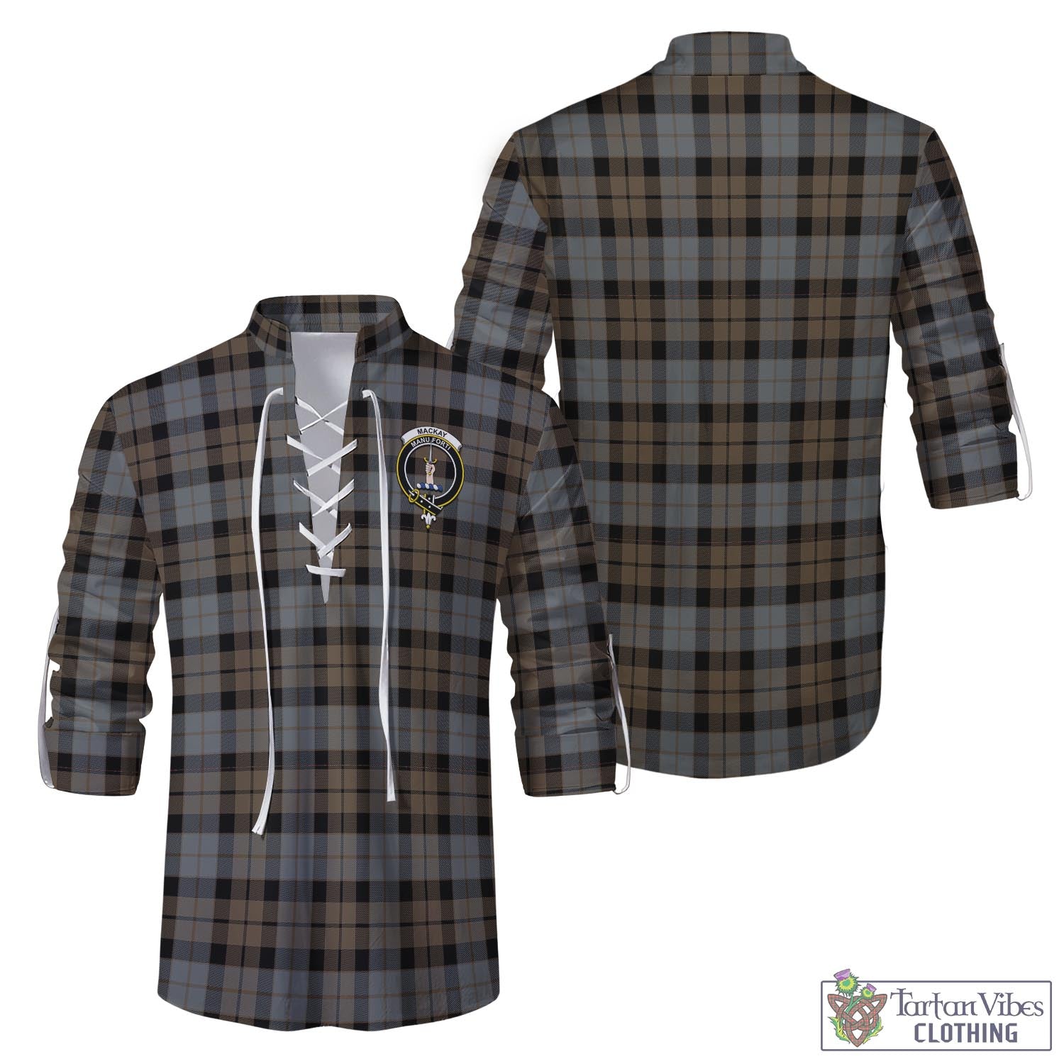 Tartan Vibes Clothing MacKay Weathered Tartan Men's Scottish Traditional Jacobite Ghillie Kilt Shirt with Family Crest