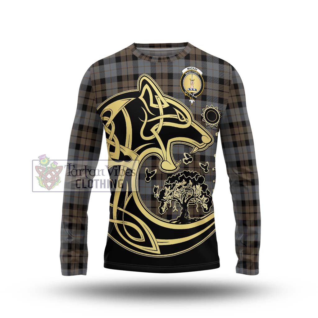 Tartan Vibes Clothing MacKay Weathered Tartan Long Sleeve T-Shirt with Family Crest Celtic Wolf Style