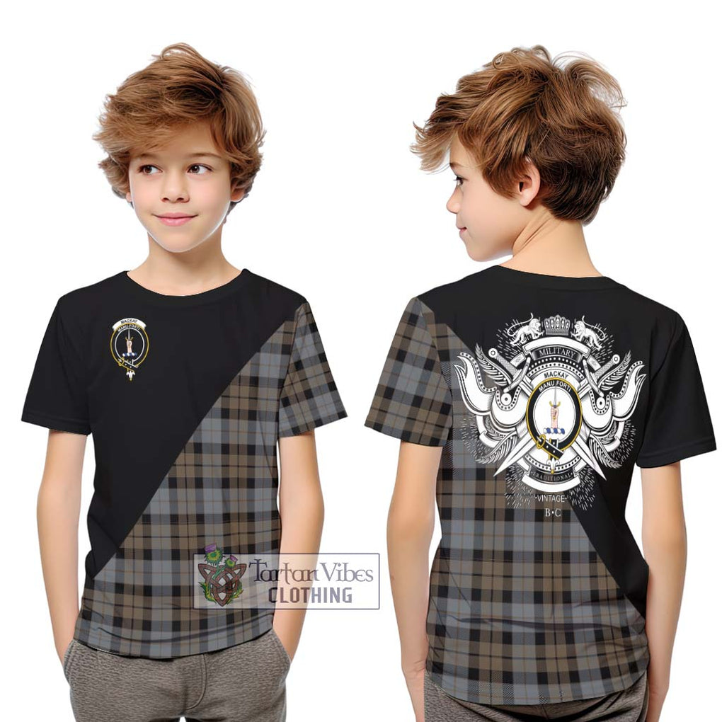 MacKay Weathered Tartan Kid T-Shirt with Family Crest and Military Logo Style Youth XL Size14 - Tartanvibesclothing Shop