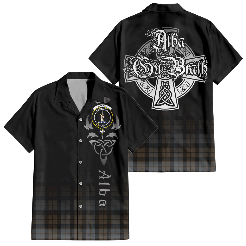 Tartan Vibes Clothing MacKay Weathered Tartan Short Sleeve Button Up Featuring Alba Gu Brath Family Crest Celtic Inspired