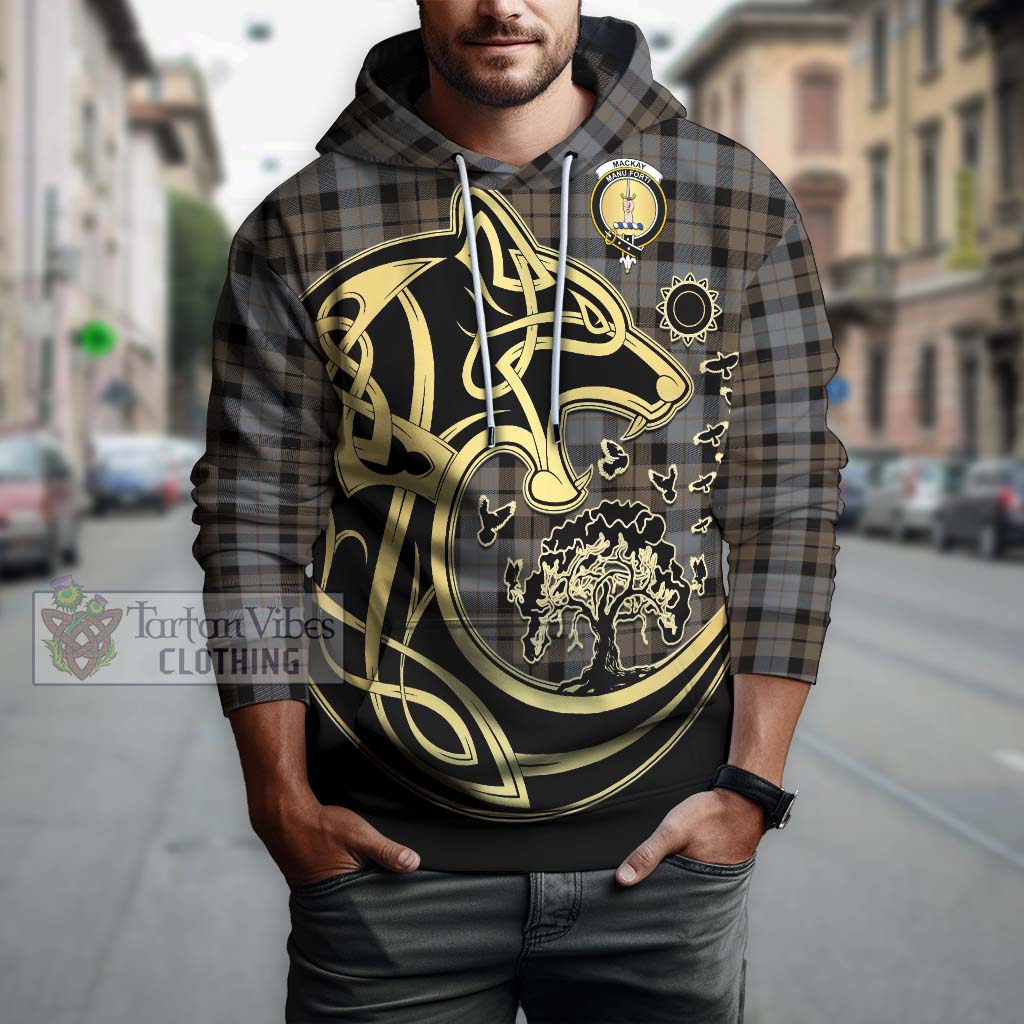 Tartan Vibes Clothing MacKay Weathered Tartan Hoodie with Family Crest Celtic Wolf Style