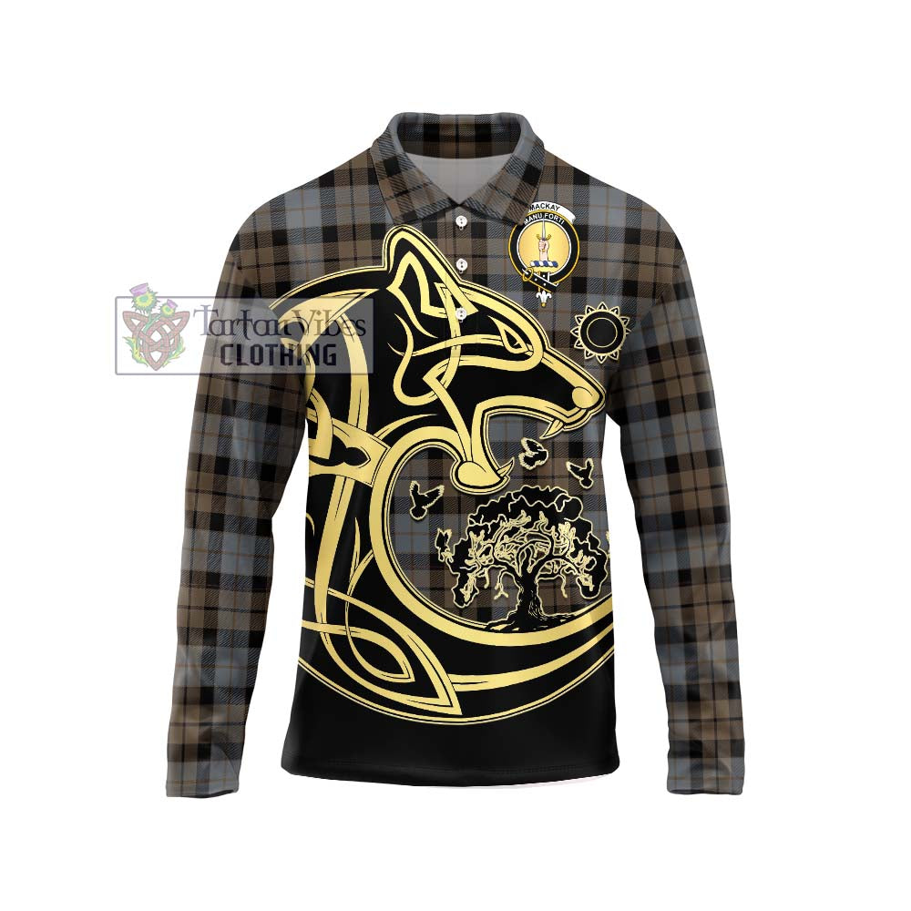 Tartan Vibes Clothing MacKay Weathered Tartan Long Sleeve Polo Shirt with Family Crest Celtic Wolf Style