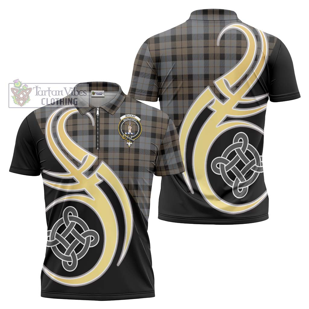 Tartan Vibes Clothing MacKay Weathered Tartan Zipper Polo Shirt with Family Crest and Celtic Symbol Style