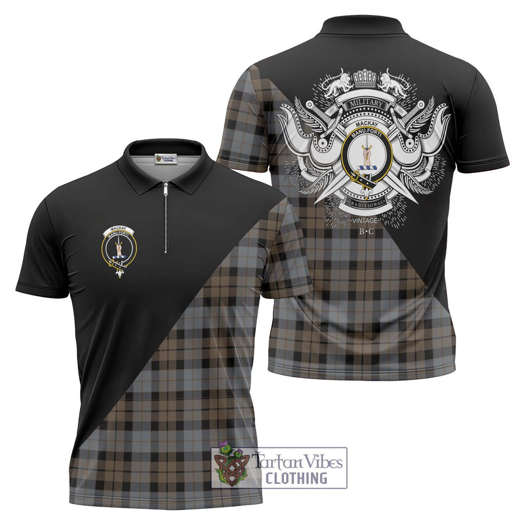 MacKay Weathered Tartan Zipper Polo Shirt with Family Crest and Military Logo Style Unisex - Tartanvibesclothing Shop