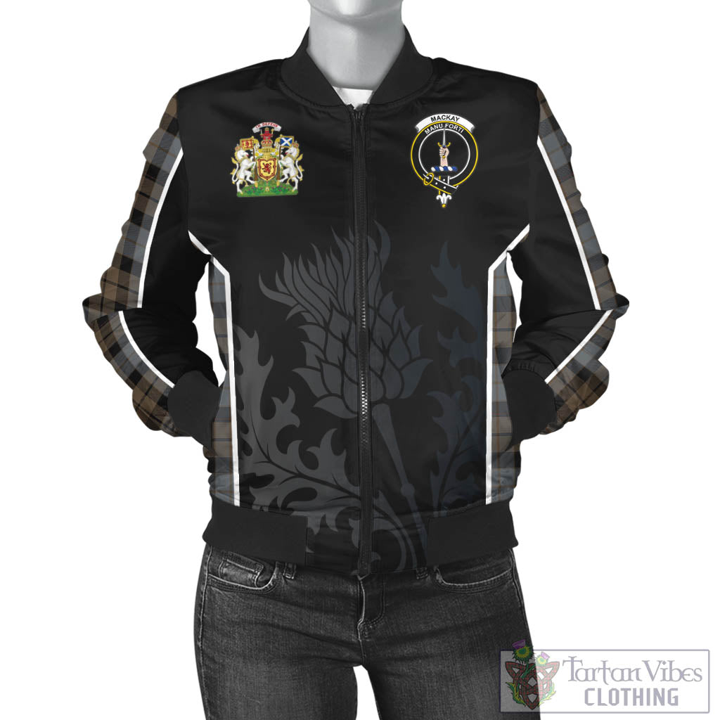 Tartan Vibes Clothing MacKay Weathered Tartan Bomber Jacket with Family Crest and Scottish Thistle Vibes Sport Style