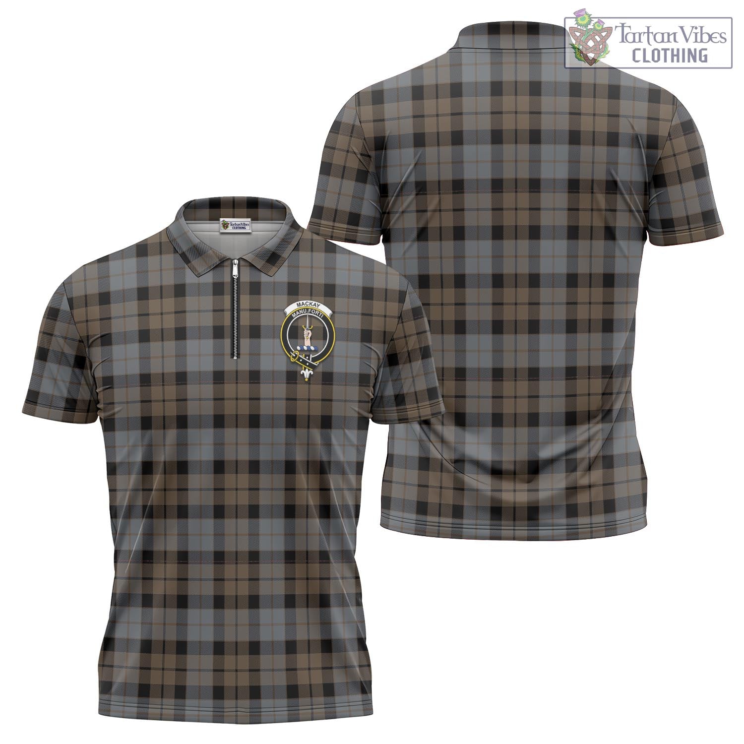 Tartan Vibes Clothing MacKay Weathered Tartan Zipper Polo Shirt with Family Crest