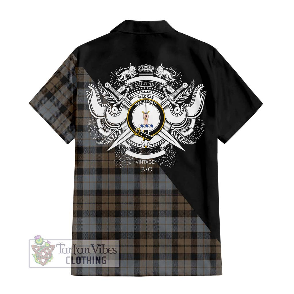 MacKay Weathered Tartan Short Sleeve Button Shirt with Family Crest and Military Logo Style - Tartanvibesclothing Shop