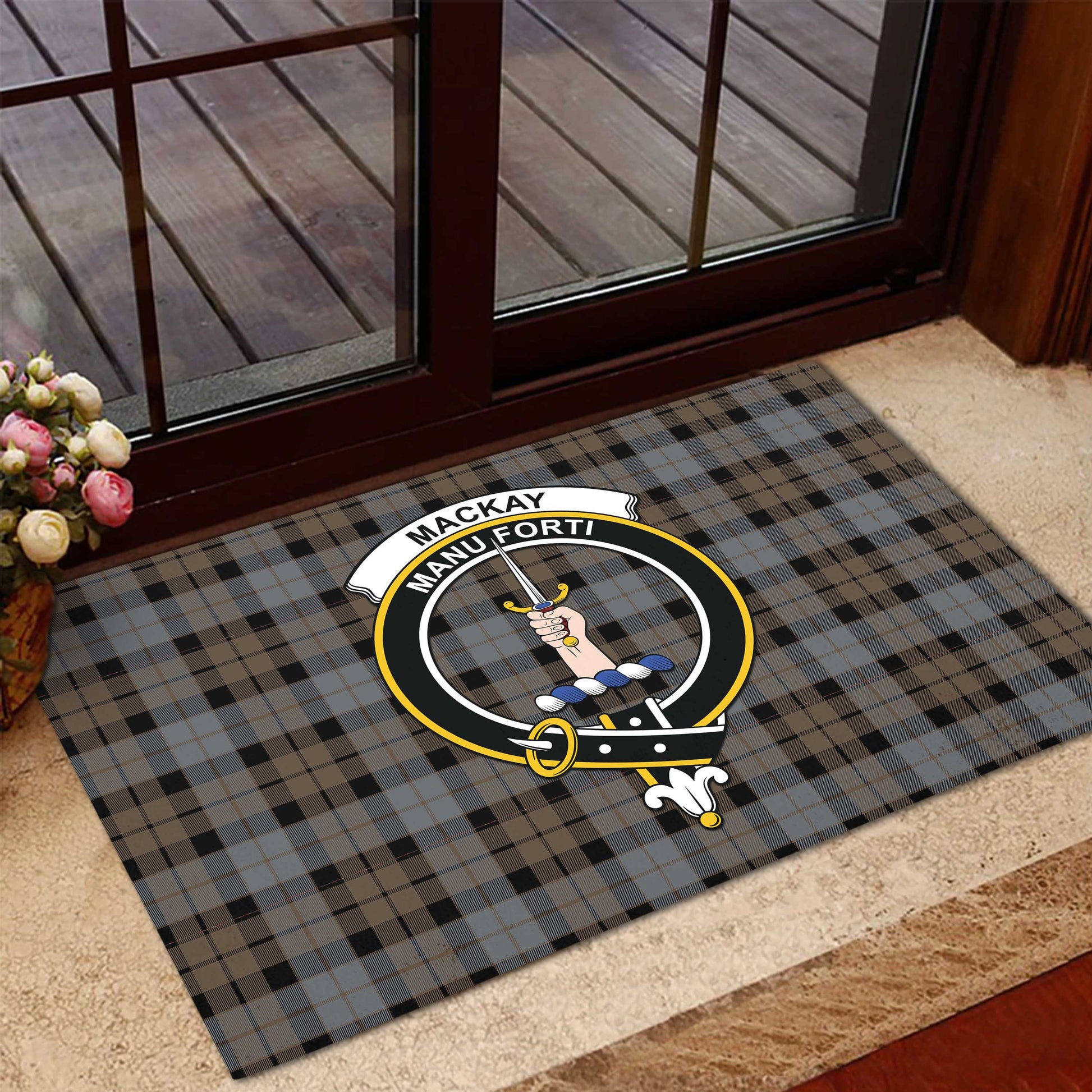 MacKay Weathered Tartan Door Mat with Family Crest - Tartanvibesclothing