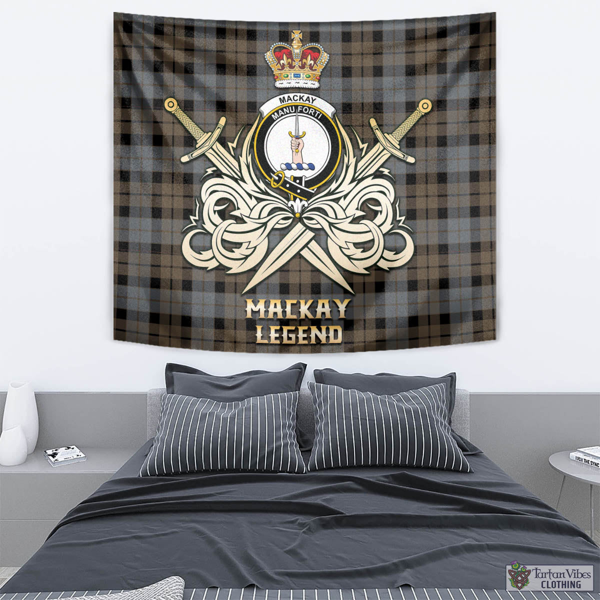 Tartan Vibes Clothing MacKay Weathered Tartan Tapestry with Clan Crest and the Golden Sword of Courageous Legacy