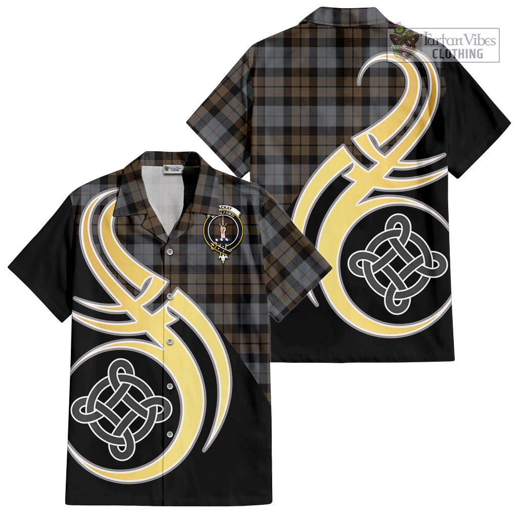 MacKay Weathered Tartan Short Sleeve Button Shirt with Family Crest and Celtic Symbol Style - Tartan Vibes Clothing