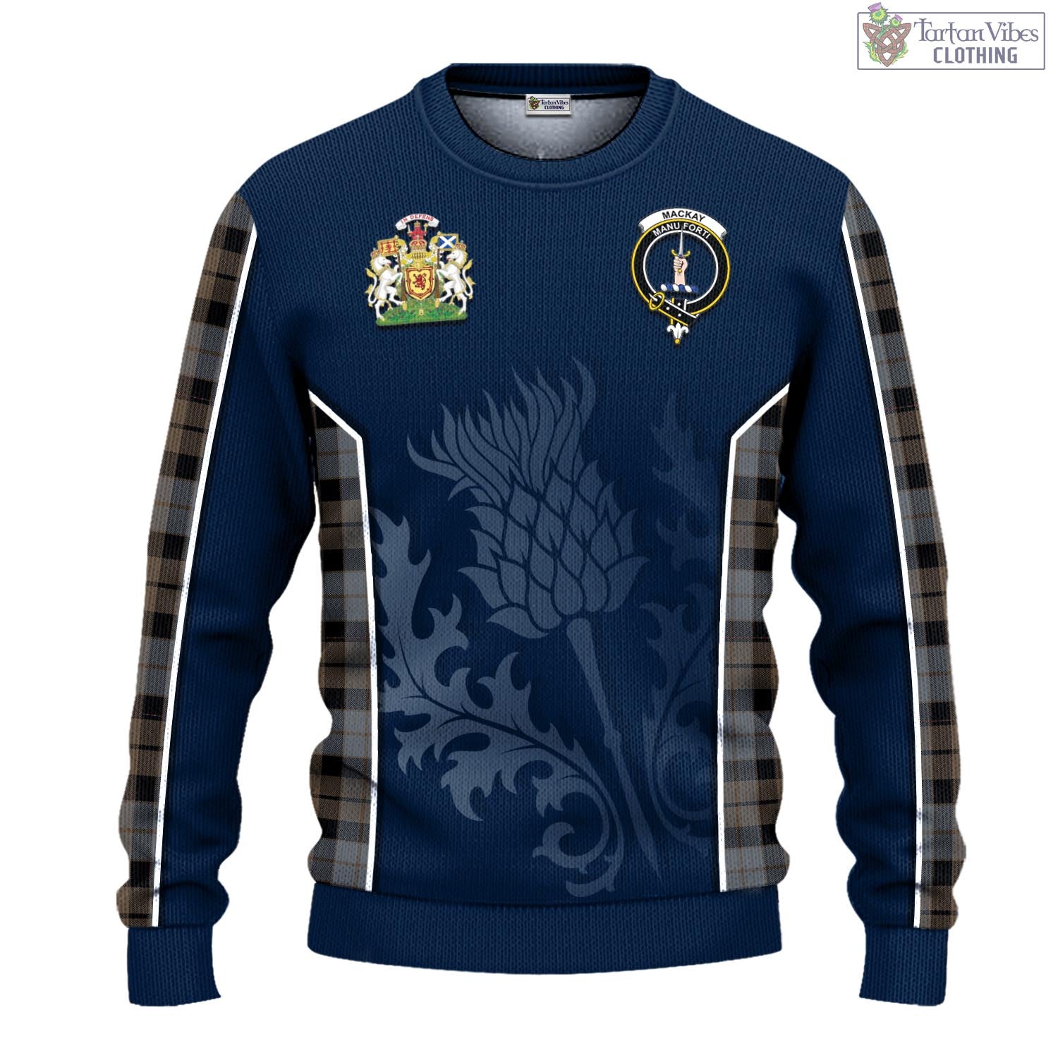 Tartan Vibes Clothing MacKay Weathered Tartan Knitted Sweatshirt with Family Crest and Scottish Thistle Vibes Sport Style