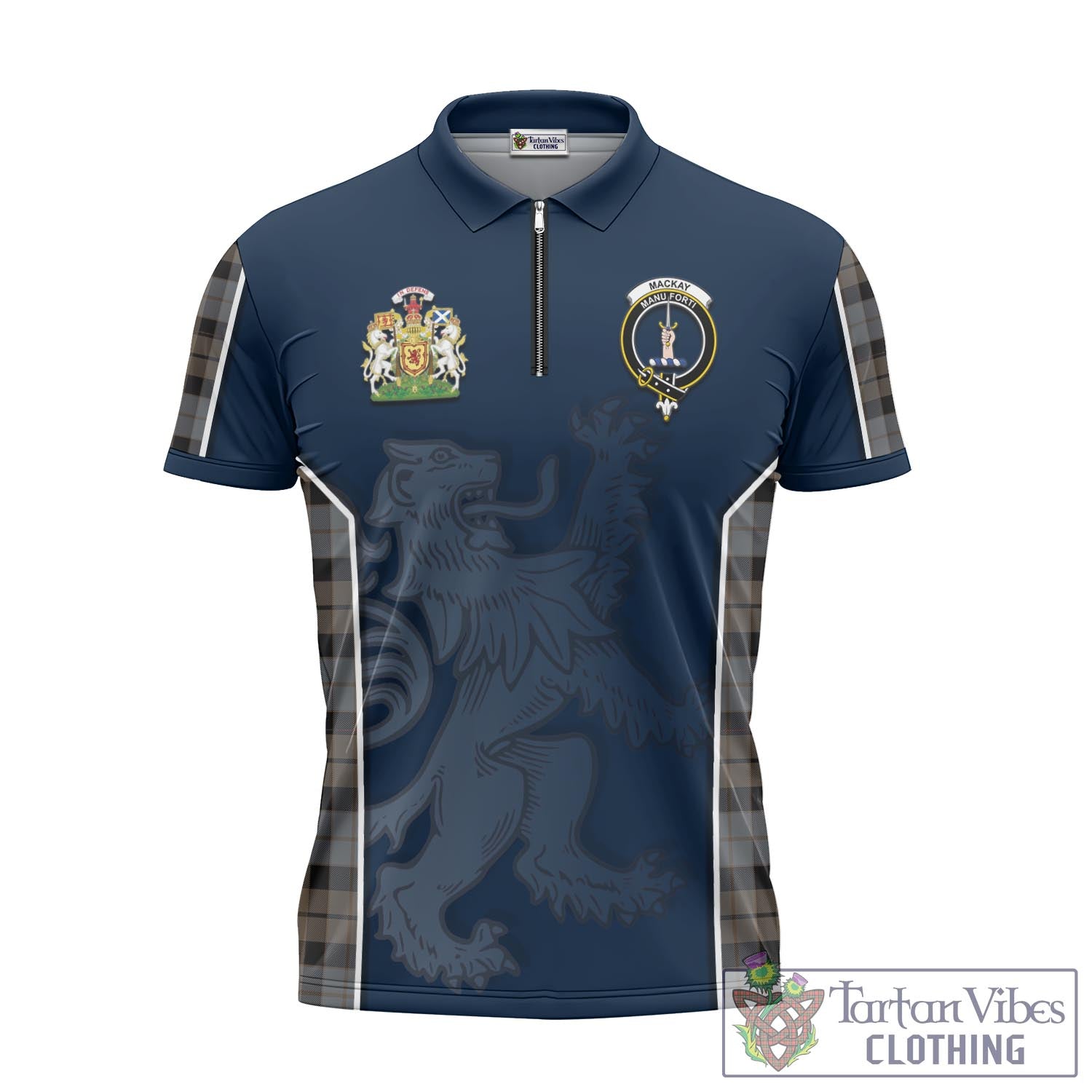 Tartan Vibes Clothing MacKay Weathered Tartan Zipper Polo Shirt with Family Crest and Lion Rampant Vibes Sport Style