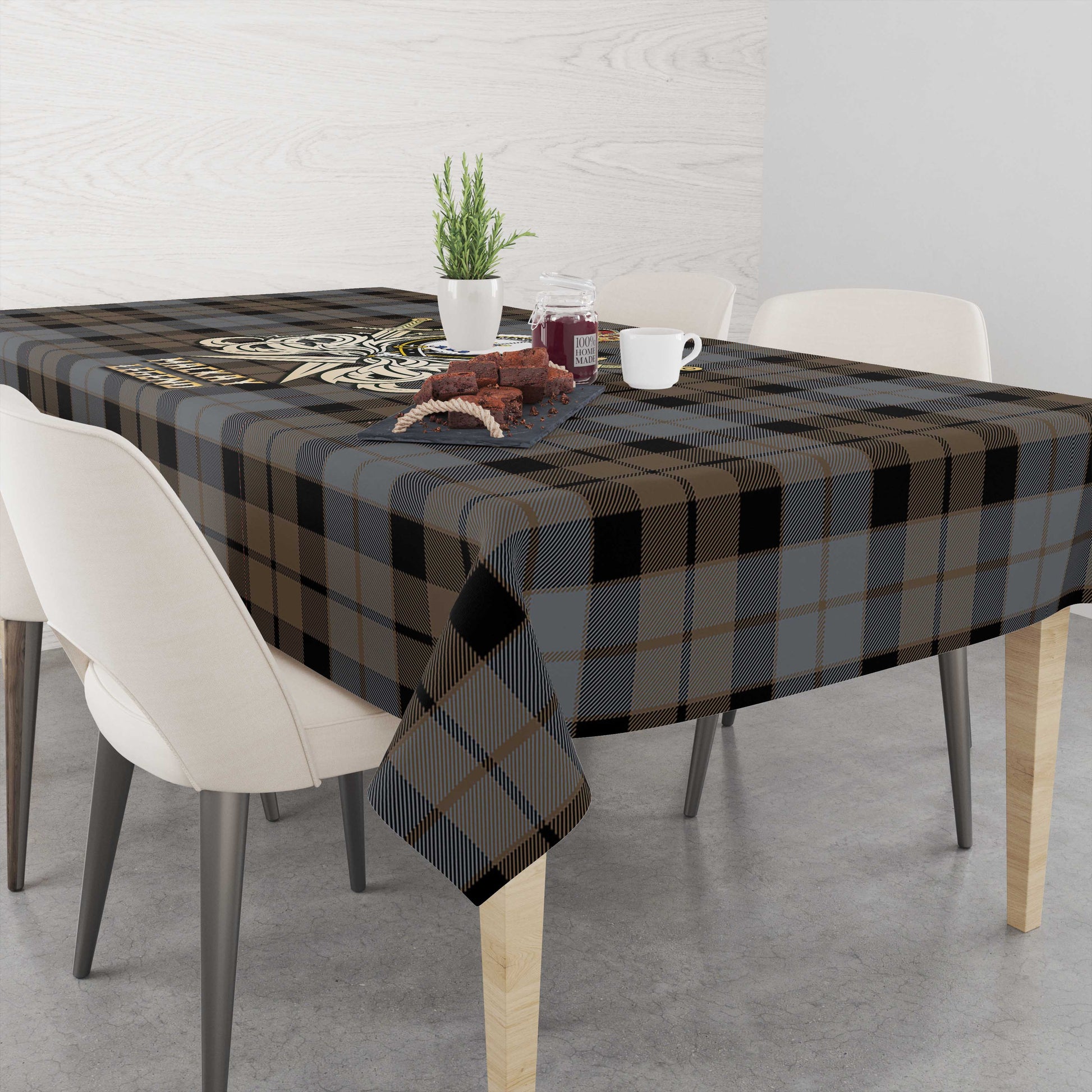 Tartan Vibes Clothing MacKay Weathered Tartan Tablecloth with Clan Crest and the Golden Sword of Courageous Legacy