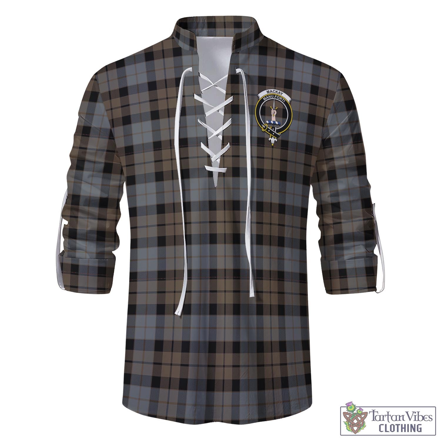 Tartan Vibes Clothing MacKay Weathered Tartan Men's Scottish Traditional Jacobite Ghillie Kilt Shirt with Family Crest