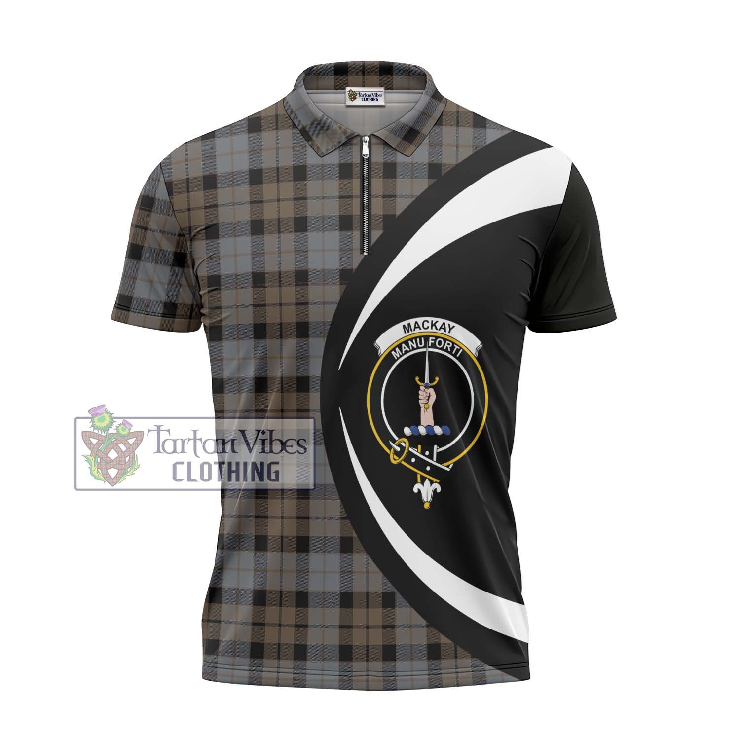 Tartan Vibes Clothing MacKay Weathered Tartan Zipper Polo Shirt with Family Crest Circle Style