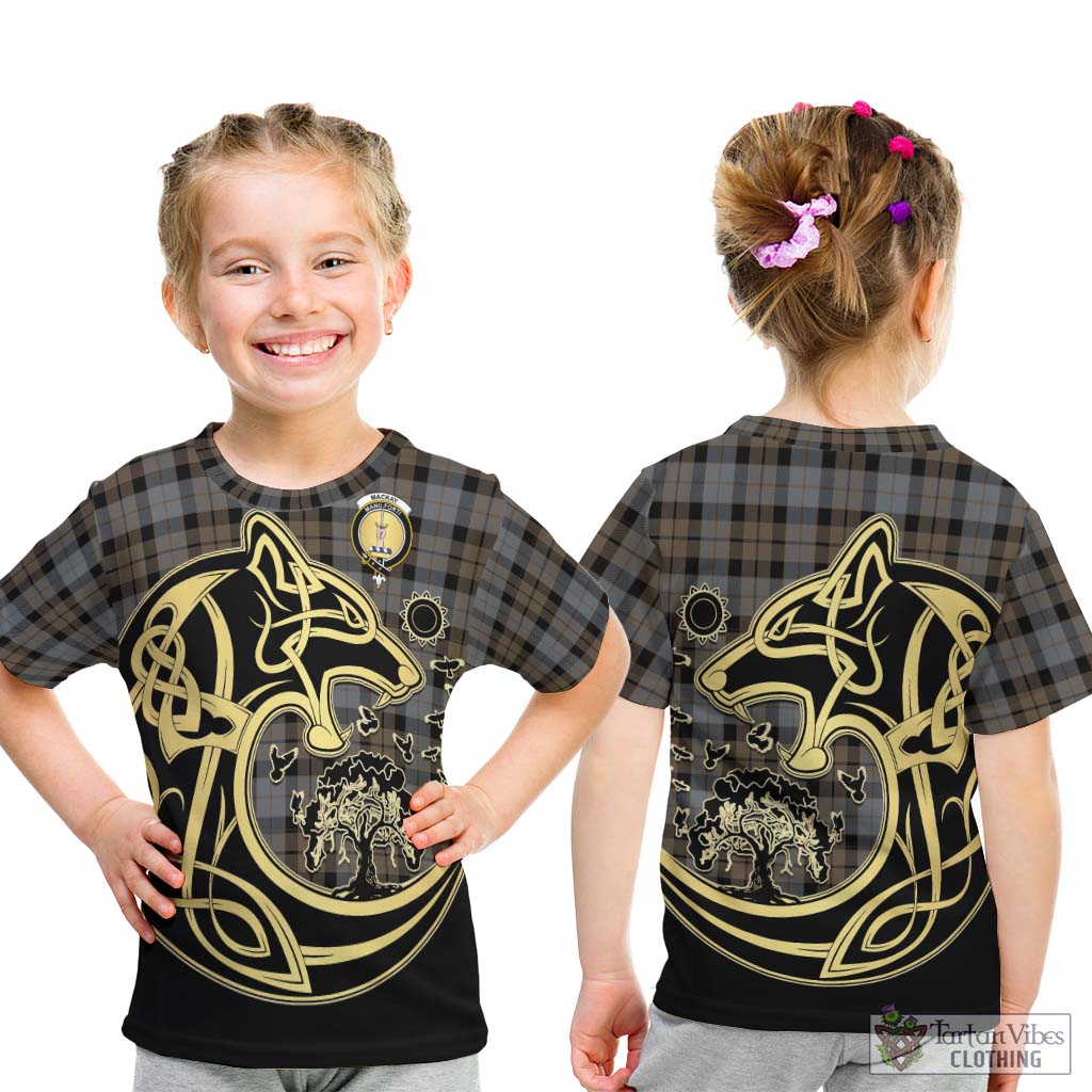 Tartan Vibes Clothing MacKay Weathered Tartan Kid T-Shirt with Family Crest Celtic Wolf Style