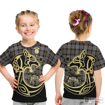 MacKay Weathered Tartan Kid T-Shirt with Family Crest Celtic Wolf Style