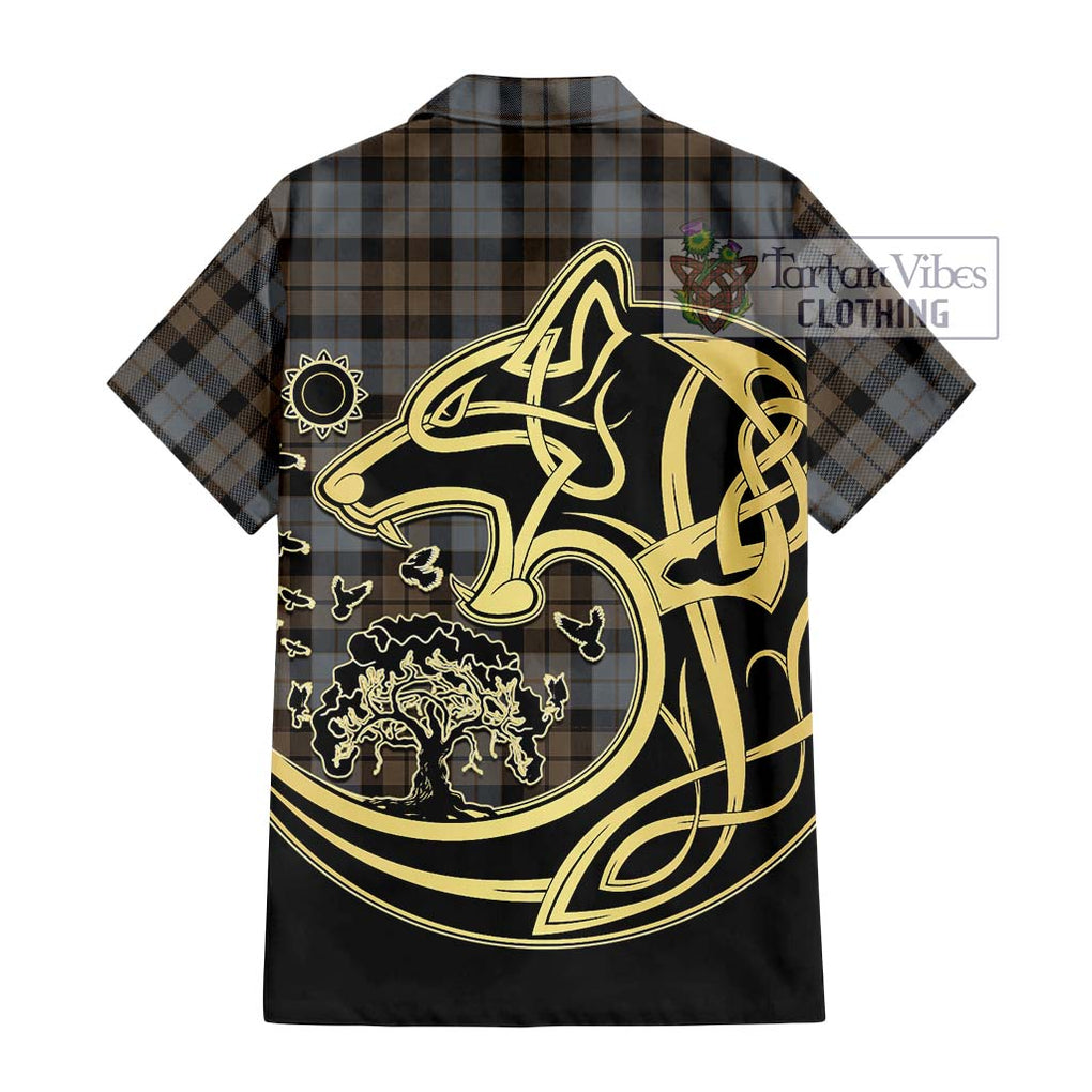 MacKay Weathered Tartan Short Sleeve Button Shirt with Family Crest Celtic Wolf Style - Tartan Vibes Clothing